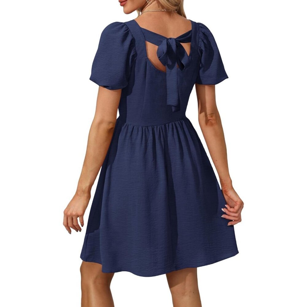 Ofeefan Women Navy Blue Puff Sleeve Square Neck Tie in Back Dresses with Zipper - Picture 5 of 5